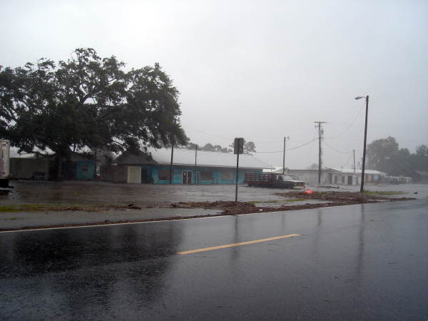 View showing flooding from Hurricane Dennis around buildings in Apalachicola, Florida.