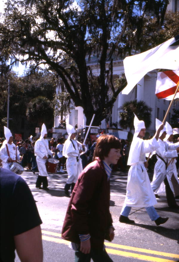 KKK members marching north on South Monroe Street during a rally in Tallahassee, Florida.