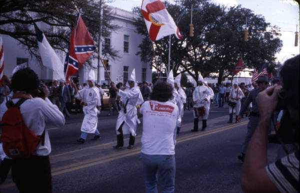 Scene showing the KKK rally on South Monroe Street in Tallahassee, Florida.