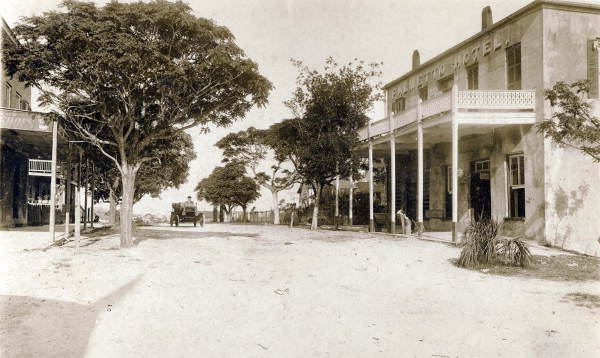 View showing the Palmetto Hotel on 2nd Street in Cedar Key, Florida.
