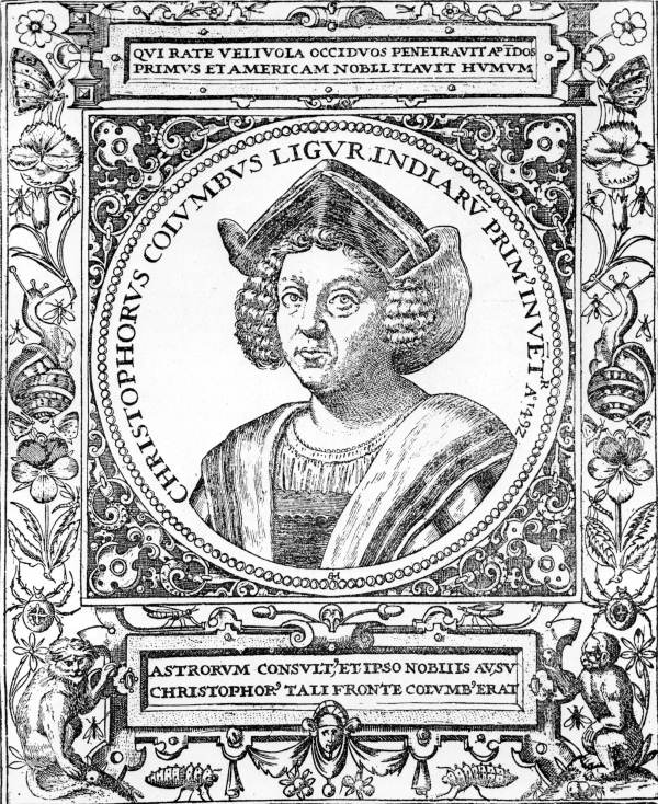 Print of an engraving by J.-A.-J. DeBry of Christopher Columbus