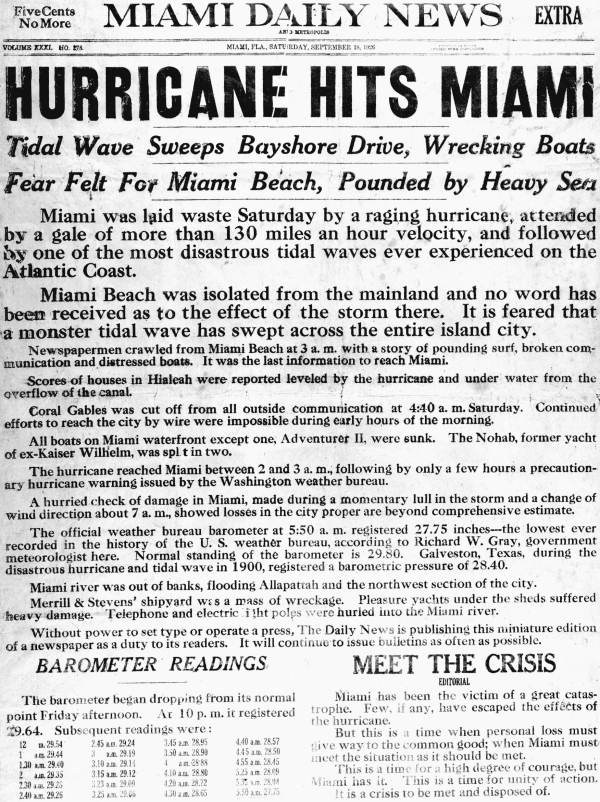 Miami Daily News headline about the hurricane.