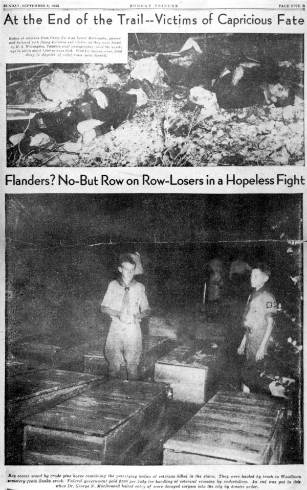Victims and rows of coffins