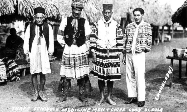 Three Seminole medicine men and Chief Cory Osceola