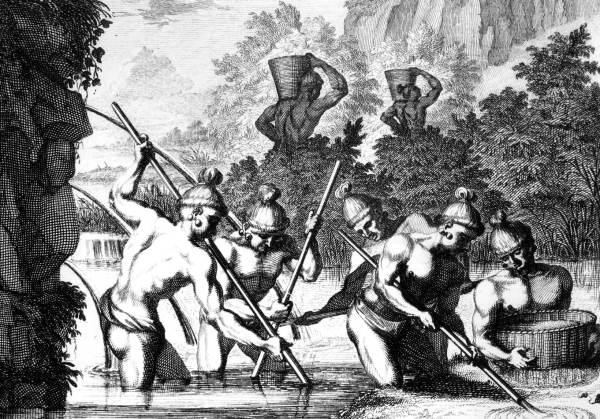 Natives collecting gold in the streams