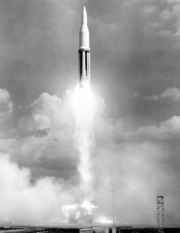First flight of 163 foot Saturn space vehicle (SA-1) from Cape Canaveral.