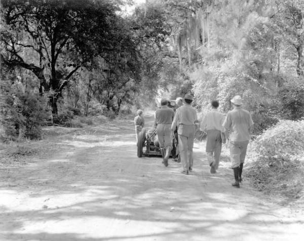 Film crew transporting camera during filming of Tarzan movie.