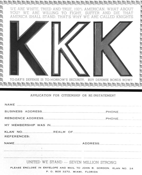 Membership application for the Ku Klux Klan