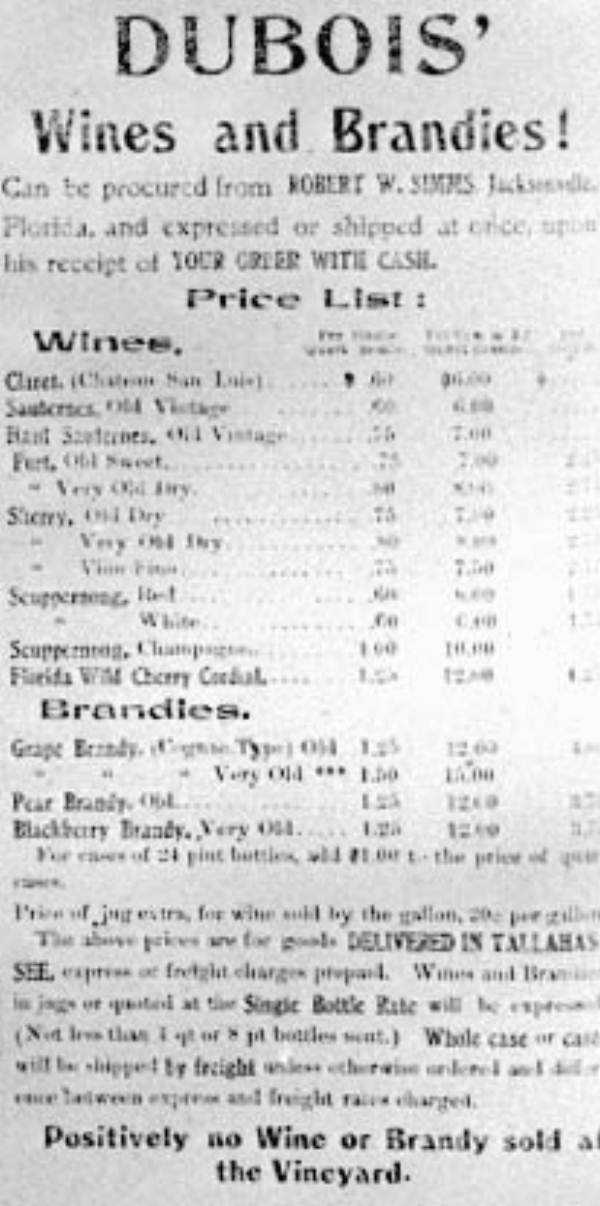 Advertisement for Emile Dubois' Vineyard