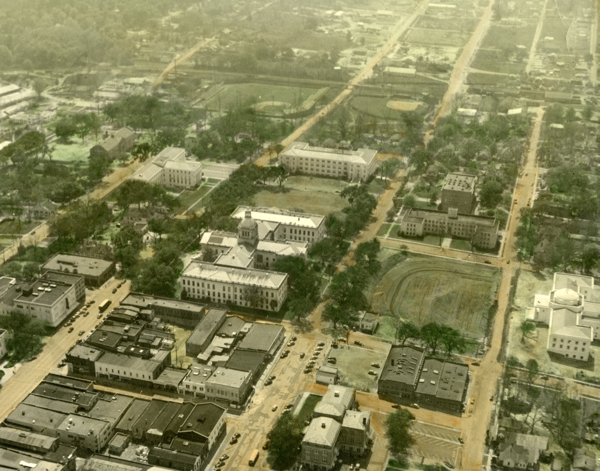 Aerial view of Tallahassee looking southeast over the Capitol towards Centennial Field