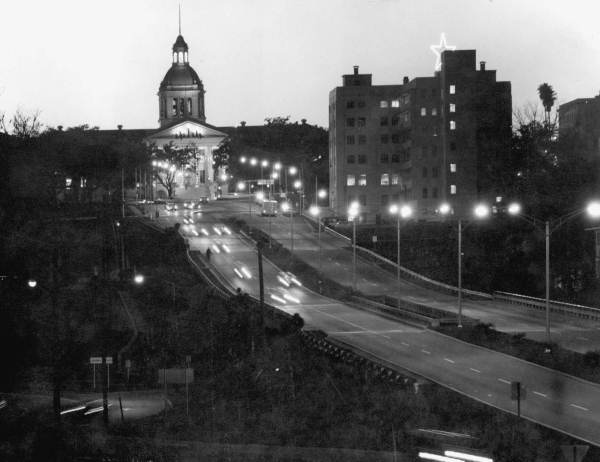 Night view of the Capitol and Apalachee Parkway.