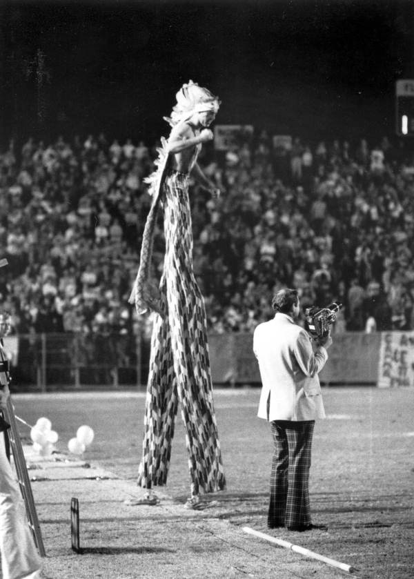 Florida State University mascot on stilts at halftime of football game.
