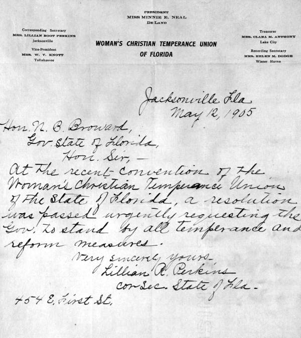 Letter to the governor supporting temperance