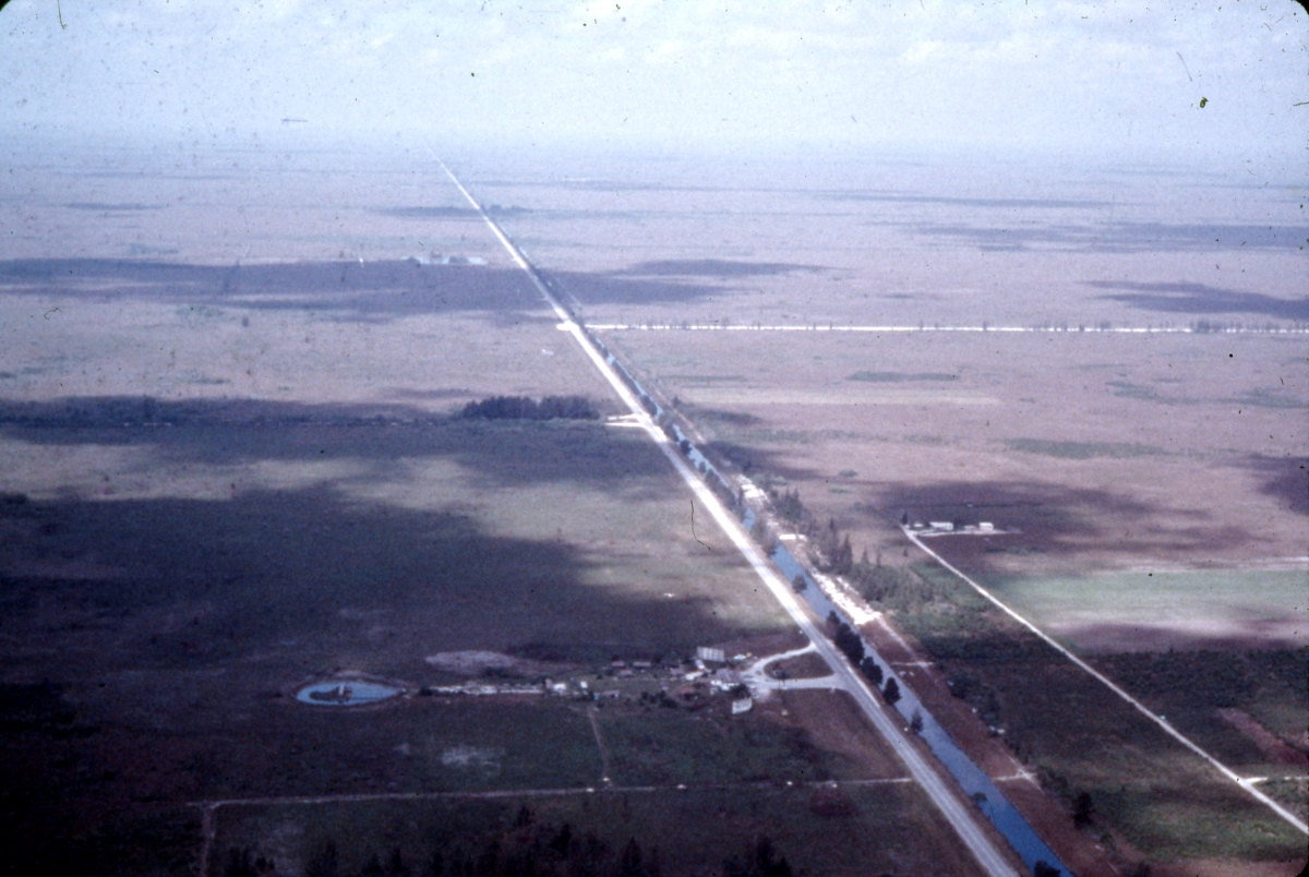 Aerial view of the Tamiami Trail cutting its way through the Everglades - Everglades, Florida