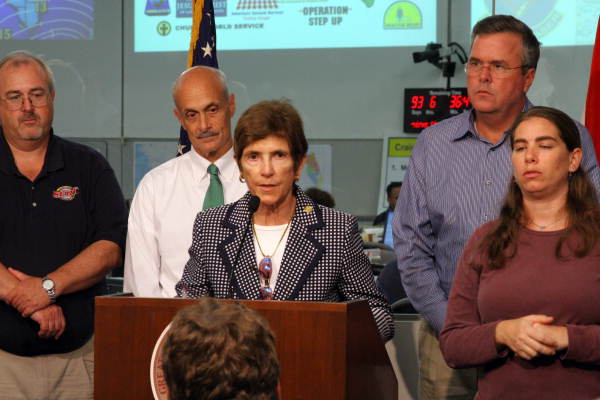 Secretary of State Sue Cobb addressing the media at the State Emergency Operations Center during a Tropical Storm Ernesto briefing.
