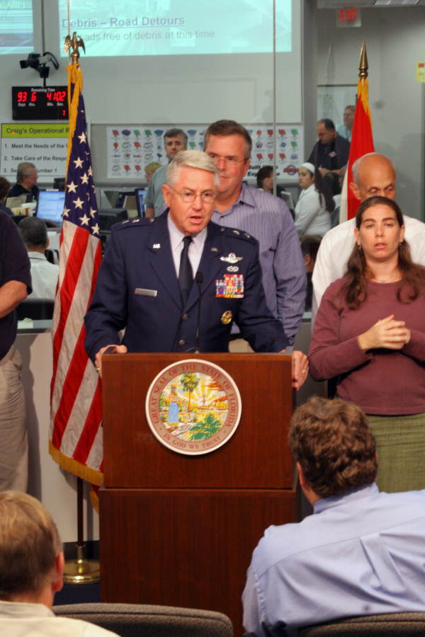 Major General Douglas Burnett addressing the media at the State Emergency Operations Center during Tropical Storm Ernesto.