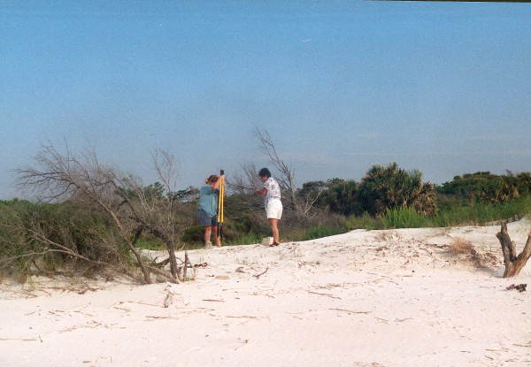 Assistant Park manager Nancy Garrison and companion Sylvia relocate a turtle's nest - Little Talbot Island, Florida