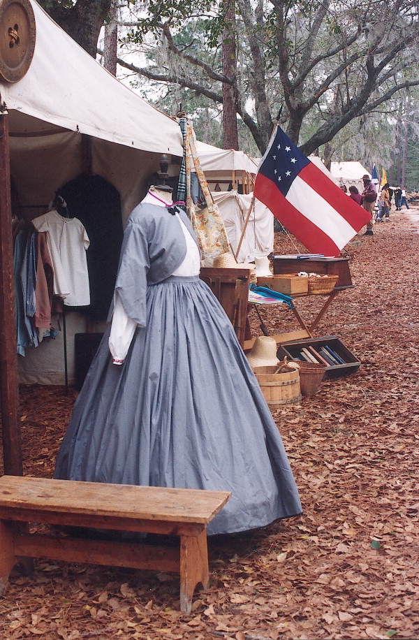 View of dress and flag on display during festival for battle re-enactment at Olustee Battlefield Historic State Park - Baker County, Florida