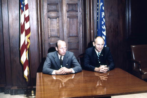 NASA Astronauts Charles "Pete" Conrad and Alan Bean in a press conference.