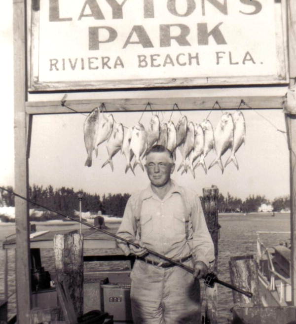Unidentified man posing with his catch of 13 Pompano at Layton's Park - Riviera Beach, Florida