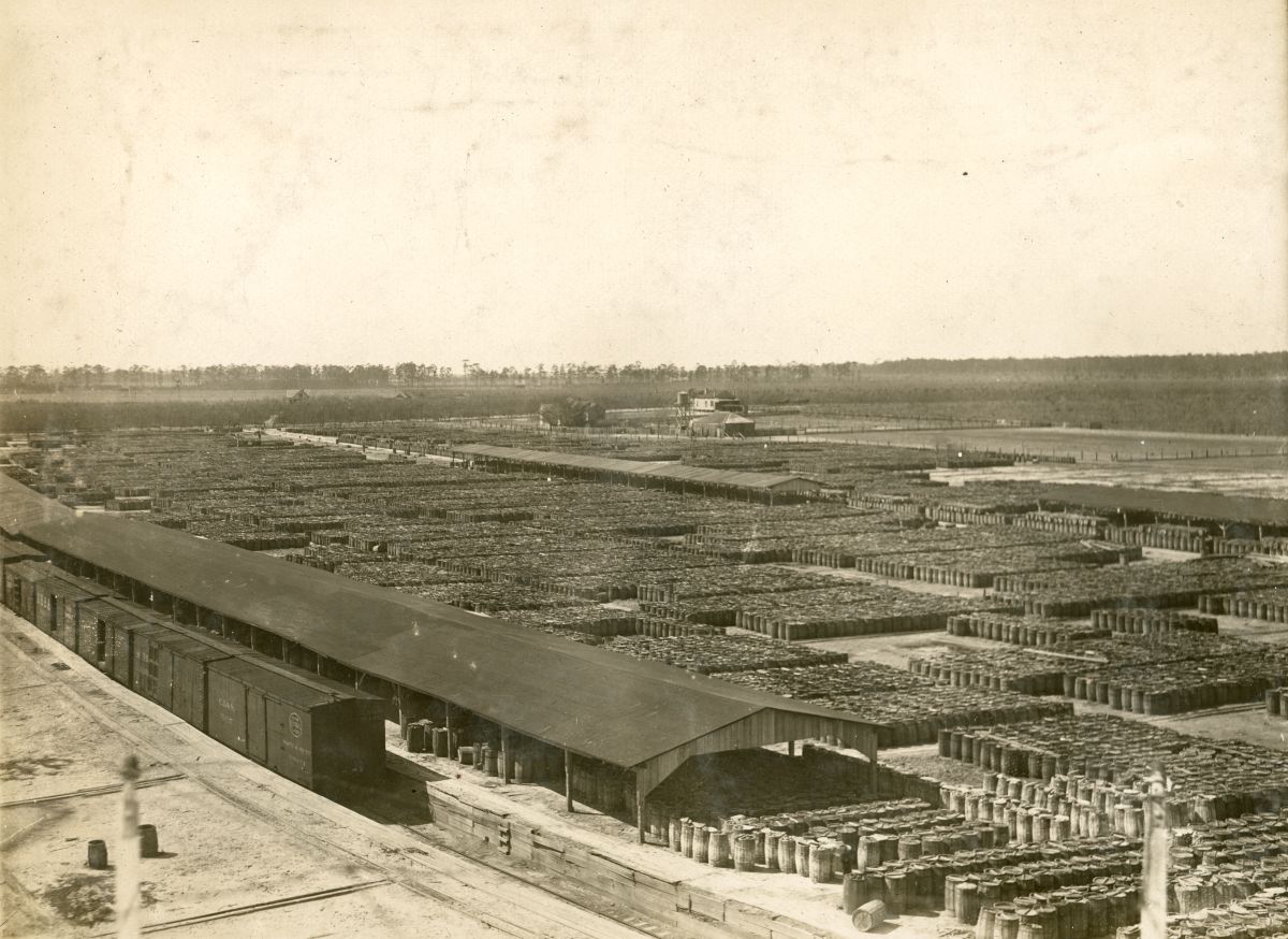 Bird's eye view overlooking a rosin yard in Pensacola, Florida.