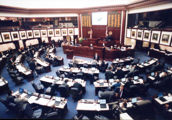 Interior view overlooking the Florida House chamber during a session in Tallahassee, Florida.