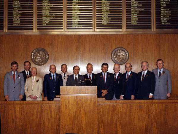 Group portrait of former House Speakers in the House chamber - Tallahassee, Florida.