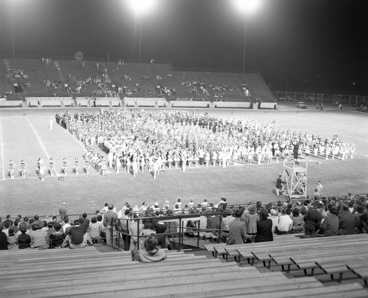 Marching band on field at the FSU Band Festival.