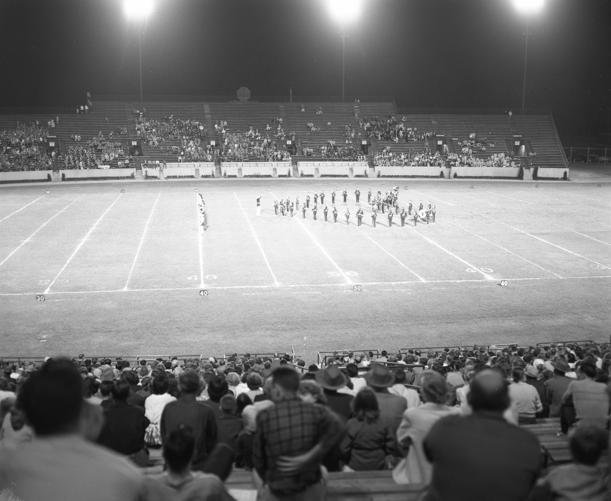 Marching band on field at the FSU Band Festival.