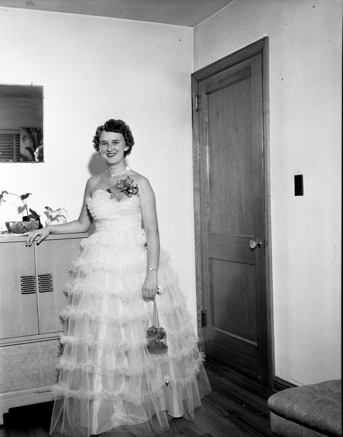 Daughter of A. D. Carson dressed for a formal.