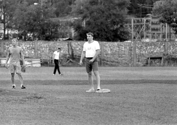Runner on base during softball game between the Governor's staff and Legislative staff at Centennial Field.