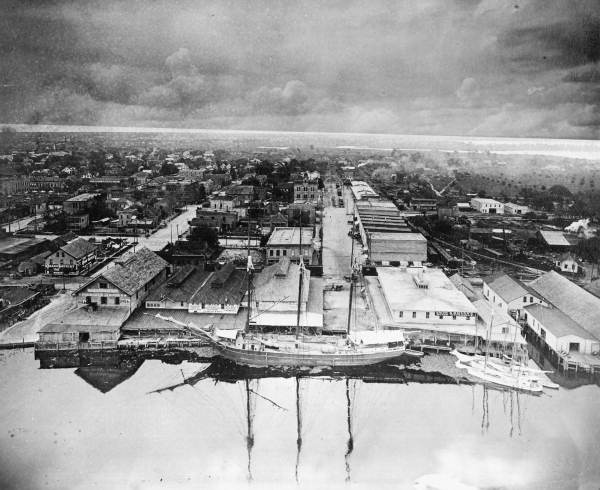 Bird's eye view of a three-masted schooner on the waterfront - Tampa, Florida.