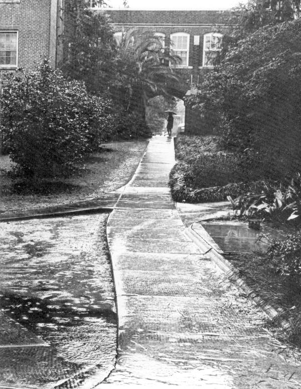 An FSU student under the arch during rain - Tallahassee, Florida.