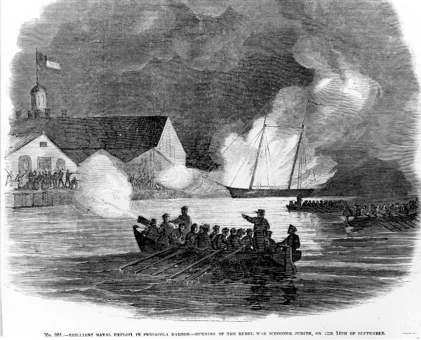 Brilliant naval exploit in Pensacola Harbor - burning of the rebel war schooner Judith..