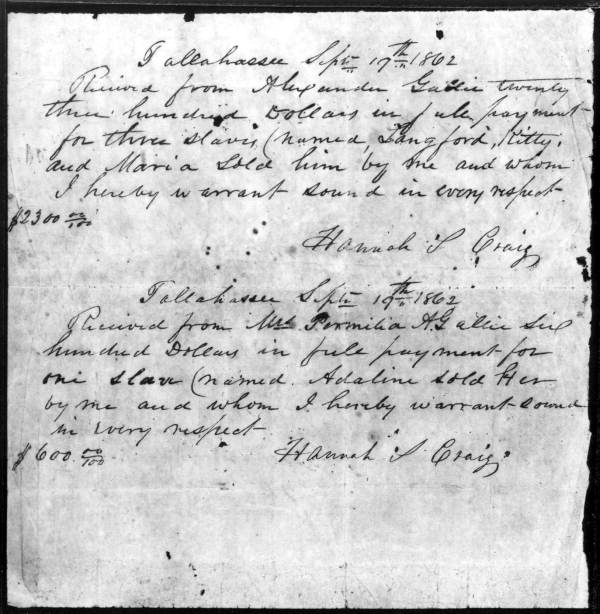 Receipts for the sale of slaves in Tallahassee