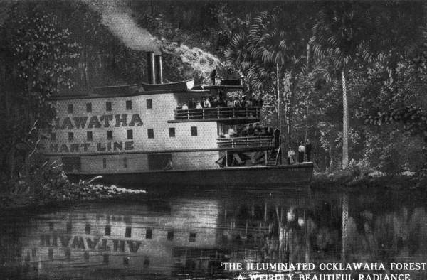 Steamboat "Hiawatha" traveling on the Ocklawaha River with fire burning for night sight