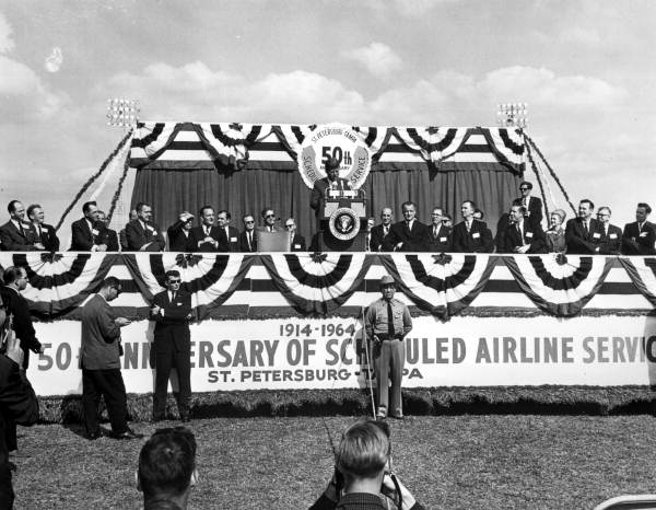 President John F. Kennedy speaking at an airline service anniversary - Tampa, Florida.