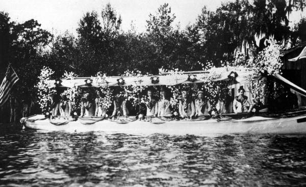 The New Ocklawaha Hotel boat decorated for the Washington's Birthday parade of boats - Eustis, Florida