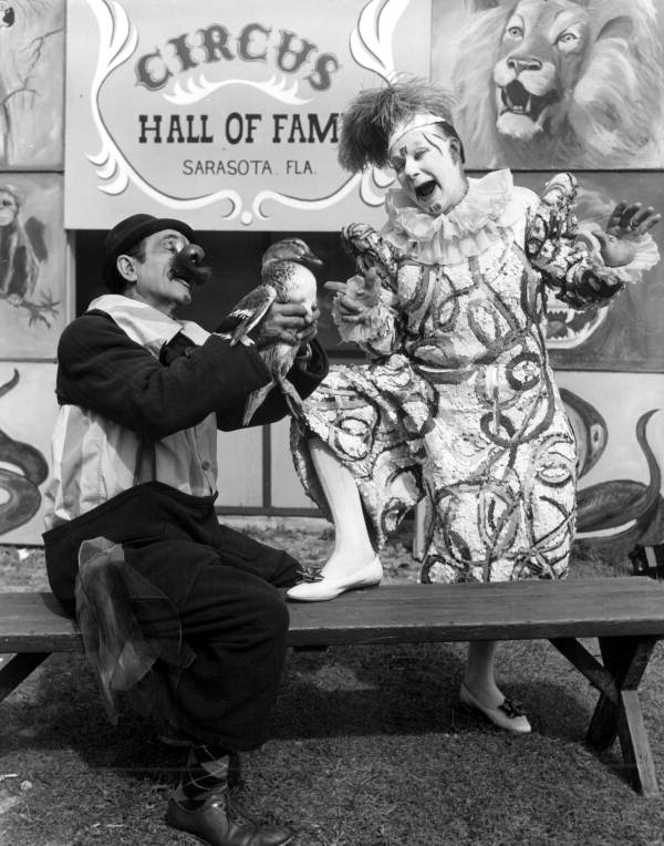 Two clowns with duck at Circus Hall of Fame - Sarasota, Florida