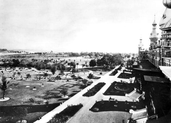 Looking south at the grounds and front of the Tampa Bay Hotel - Tampa, Florida.