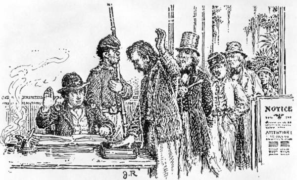 Drawing of Confederates being paroled