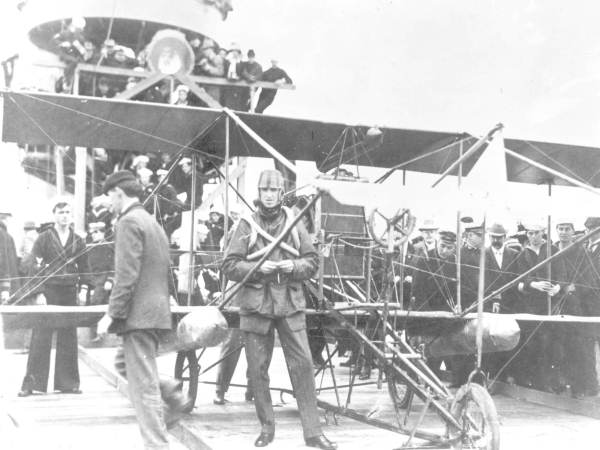 Eugene Ely and his flying machine aboard the USS Pennsylvania