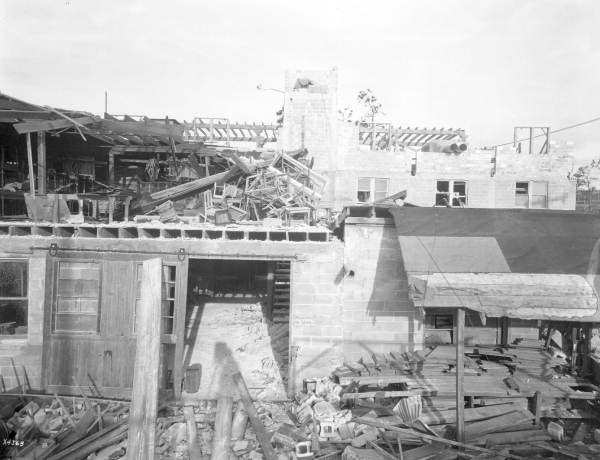 Damage to a building from the 1926 hurricane - Miami, Florida.