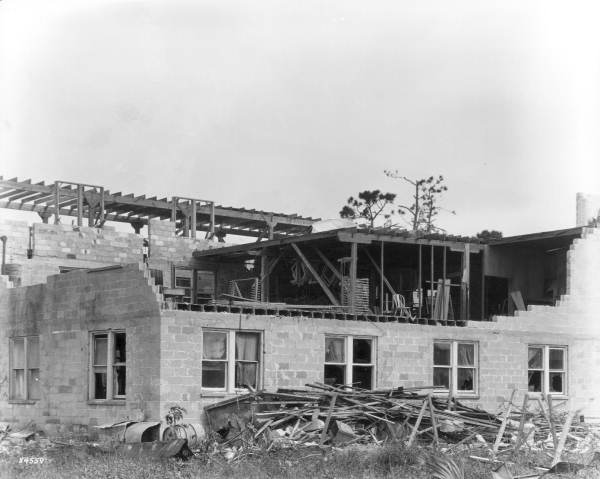 Damage to a building from the 1926 hurricane - Miami, Florida.