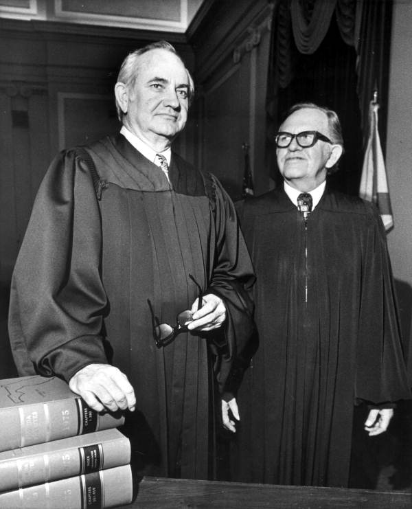 New Supreme Court Chief Justice Ben Overton (left) with outgoing Chief Justice James Adkins Jr. - Tallahassee, Florida.