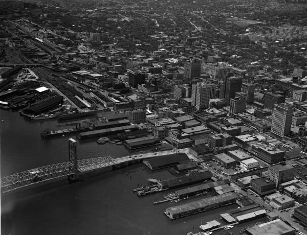Aerial view looking over a section of downtown Jacksonville.