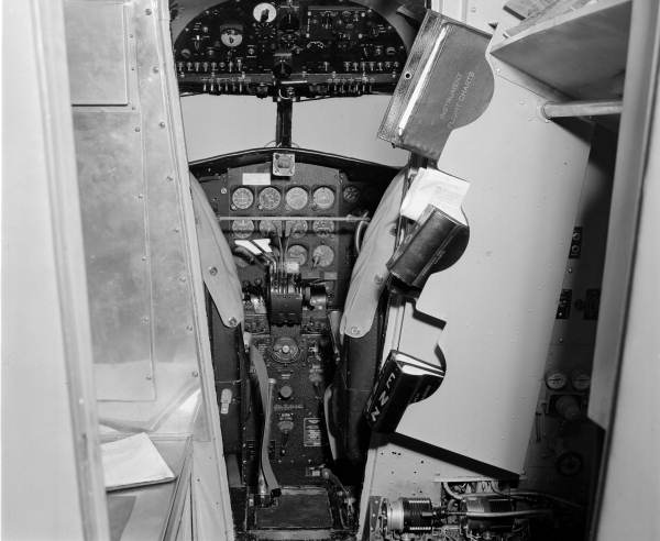 Interior view of Lockheed airplane showing cockpit - Jacksonville, Florida.