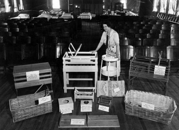 Midwife Jule Graves with improvised child care equipment.