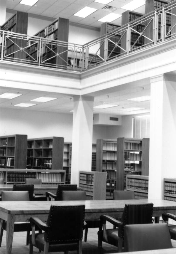Interior view of the Florida Supreme Court library reading room looking northwest from the 3rd floor after renovation and building additions in Tallahassee, Florida.