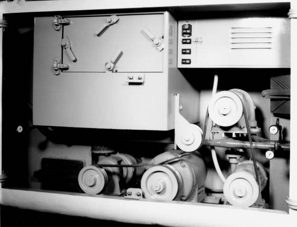 Interior of a bottle washer at Miller-Hydro company